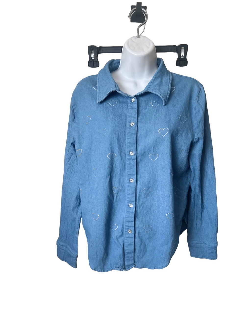 Alice Blue, Denim Button-Up Top with Rhinestone Hearts, Sz S